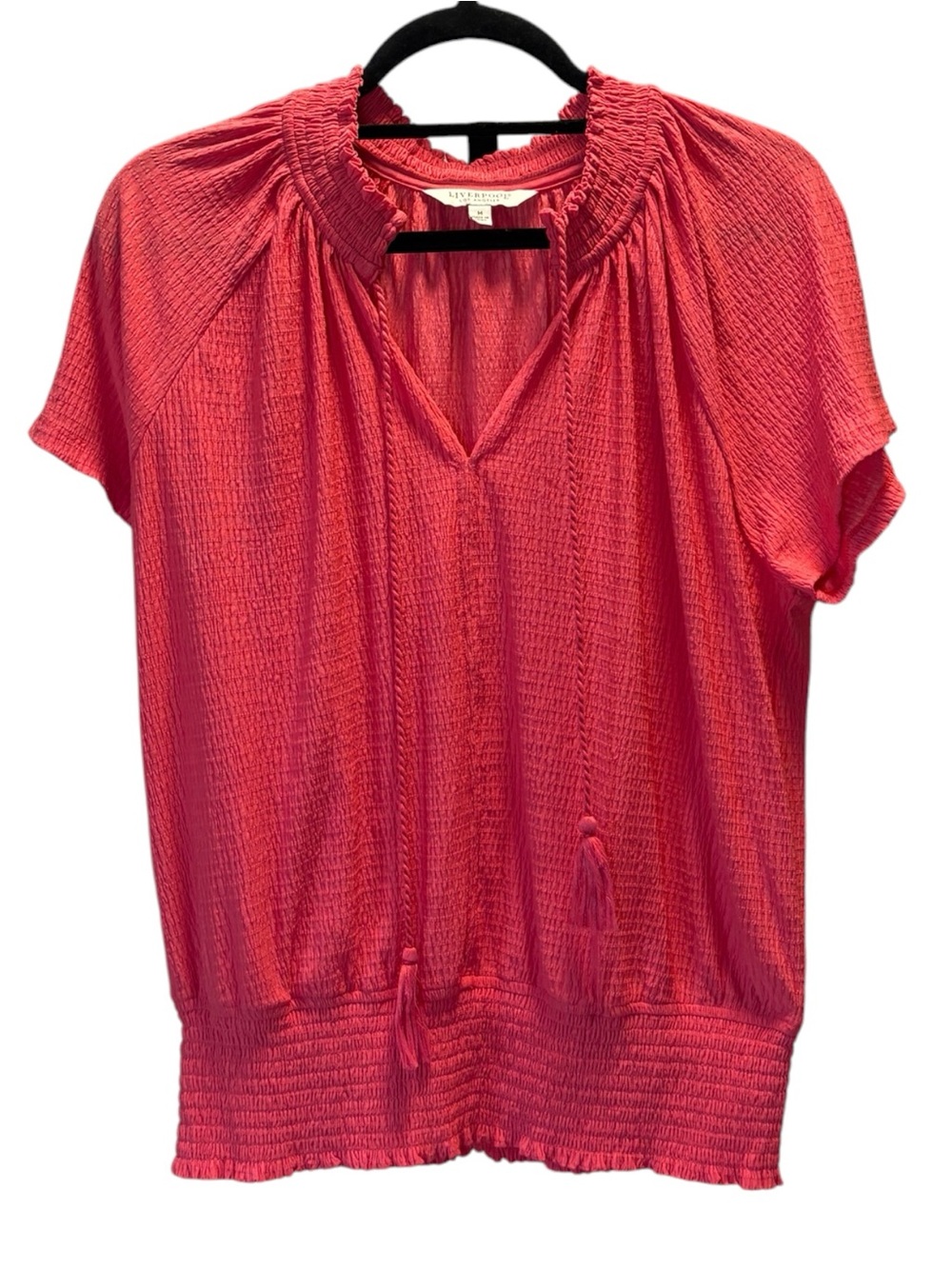 Liverpool Coral Smocked Neck Short-Sleeve Blouse